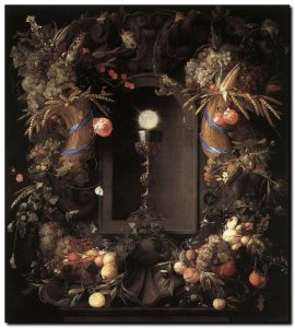 Schilderij Heem, Eucharist in Fruit Wreath 1645