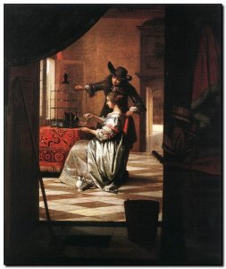 Schilderij DeHooch, Couple with Parrot 1658