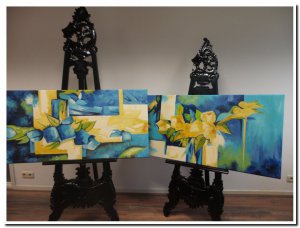 schilderij 2 luik abstract kleurrijke bloemen geel blauw