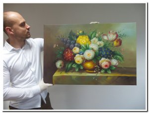 schilderij stilleven bloemen in vaas met veel groentinten