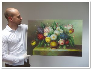 schilderij groot bloemenboeket stilleven met veel groentinten