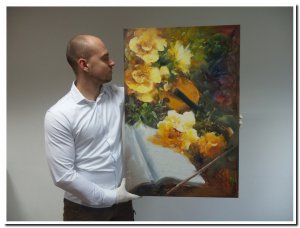 60x90cm schilderij 000027 schilderij stilleven gele bloemen en viool met muziekboek