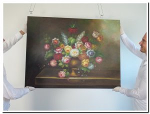 90x120cm schilderij 00007 schilderij stilleven boeket bloemen gemengd op tafel horizontaal